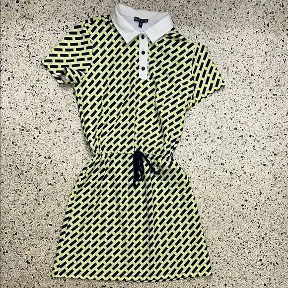 Melly M navy yellow print drawstring waist mini collared polo dress small s - Picture 1 of 5